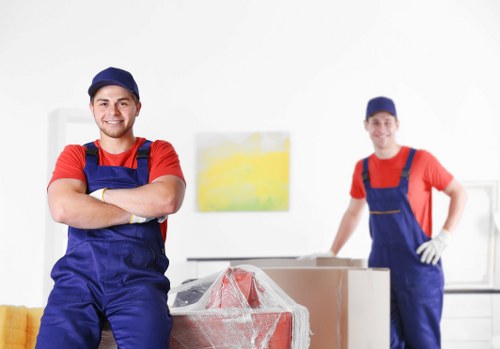 Professional movers carrying furniture during a Hampton relocation