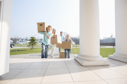 Office relocation planning in Hampton with moving boxes and business workspace